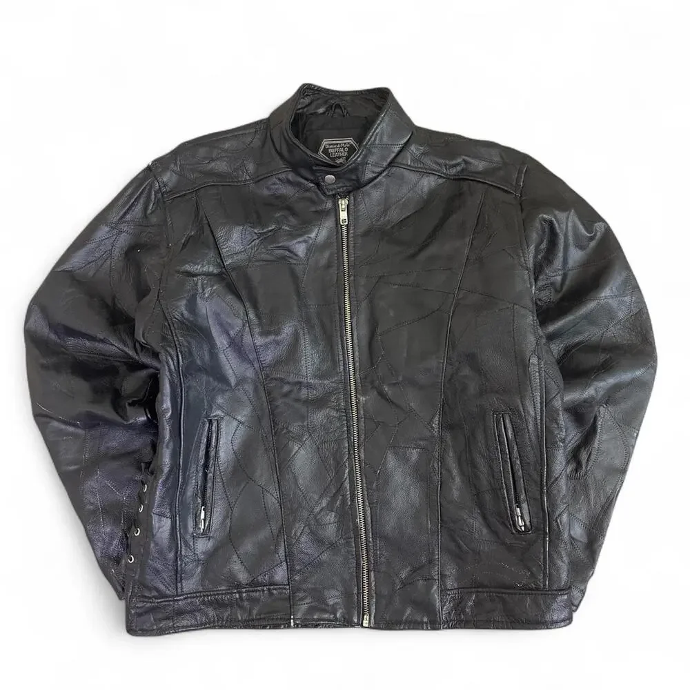 Diamond Plate Buffalo Leather Motorcycle Jacket Men’s L Black Biker Distressed